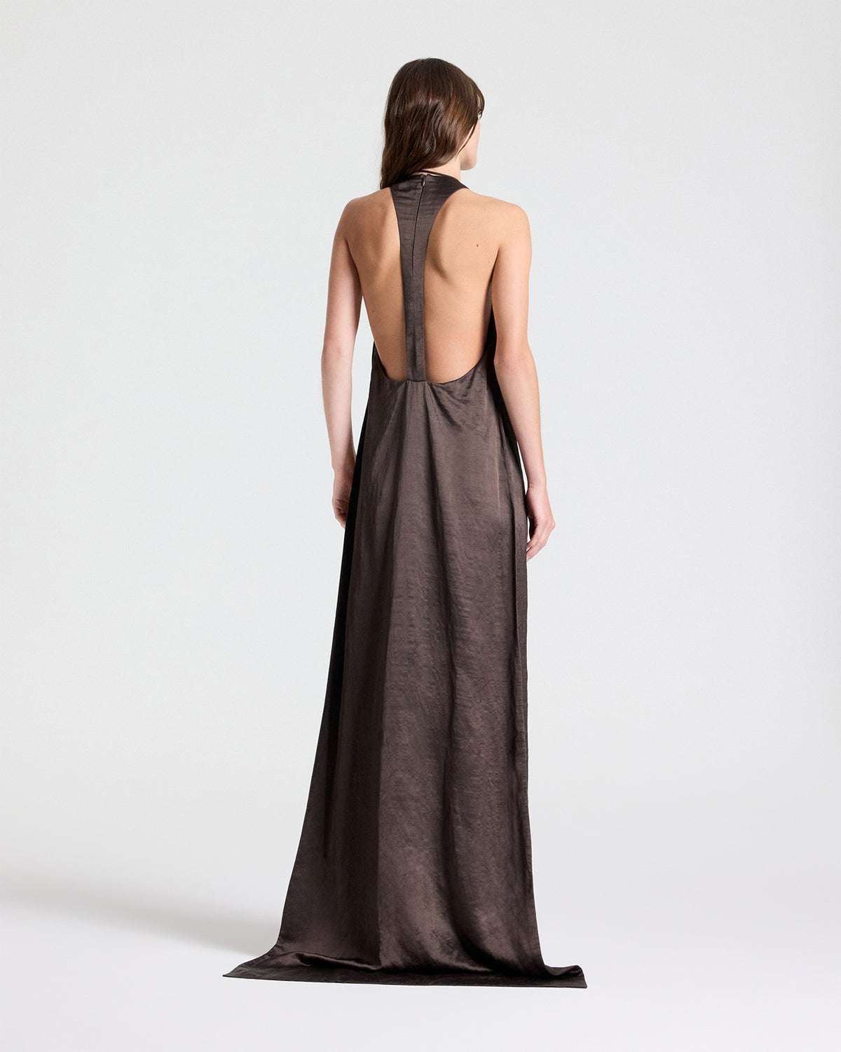 TWP Turkish coffee T-Back Train Gown in Washed Crepe Back Silk Satin view 4