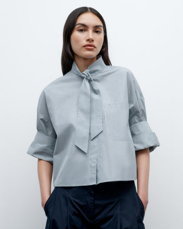 TWP Indigo / white Next Ex Shirt with Tie in Baroness Stripe Cotton view 1
