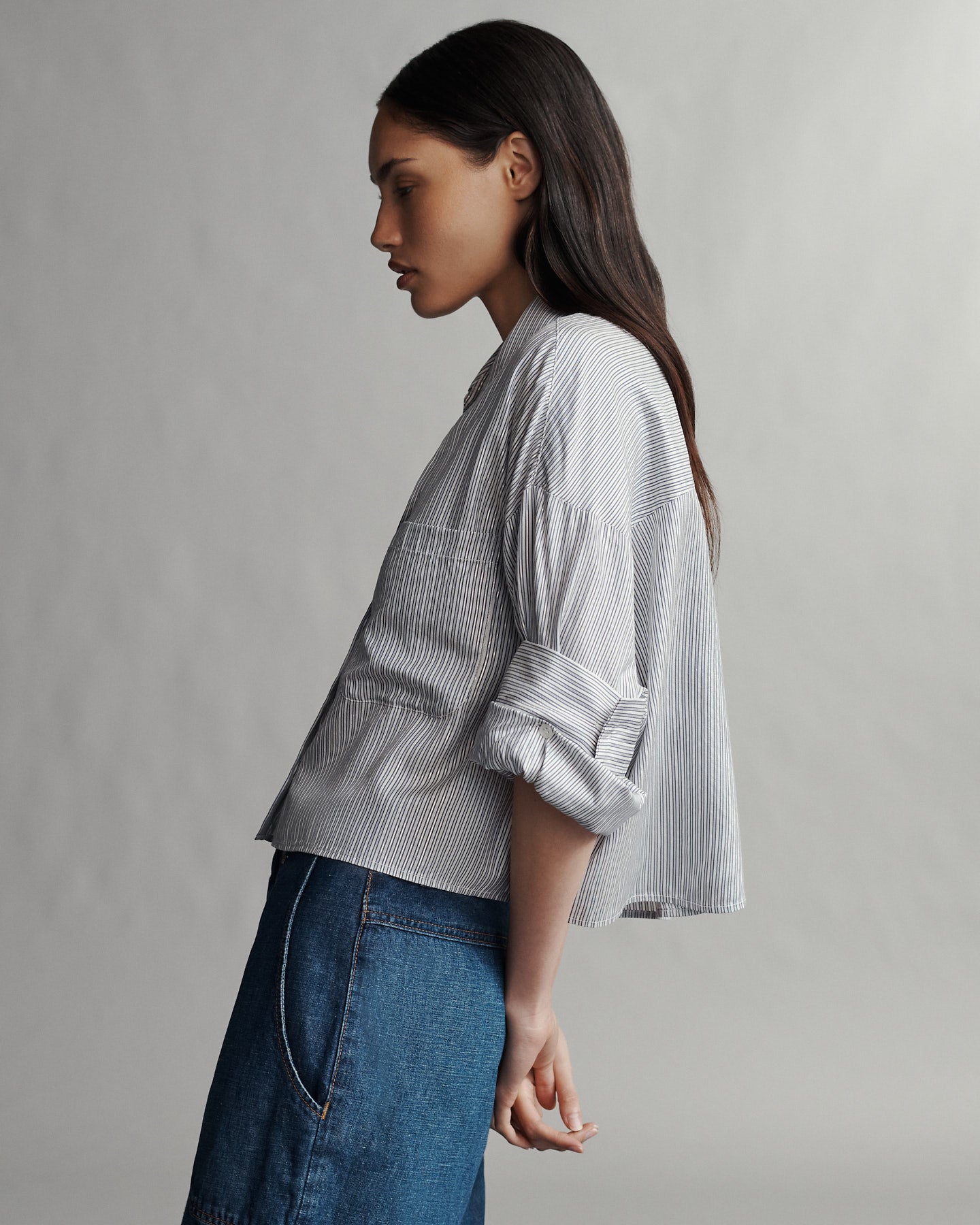 Stone Stripe Fitted Collared Long Sleeve Shirt