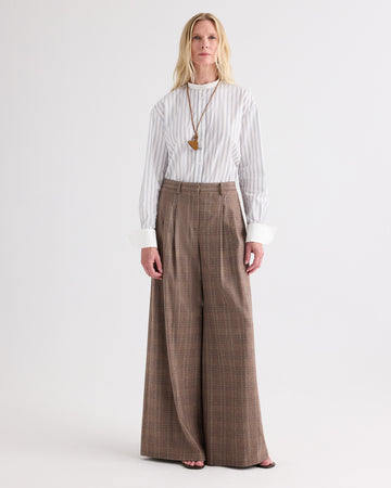 Brown Multi Glen Plaid Wool Flannel Wide-Leg Trousers - Front On-Model | TWP Clothing