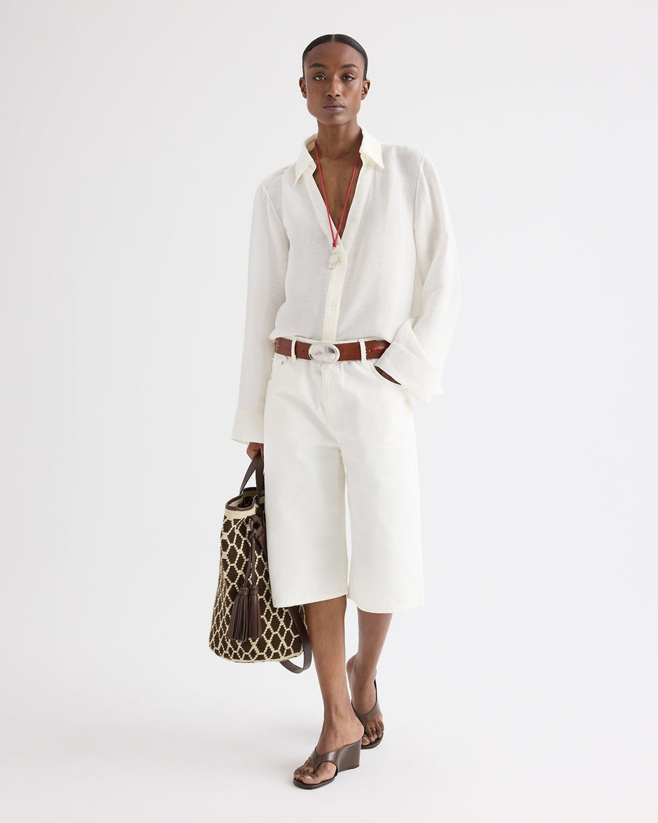 TWP White Boxy Relaxed Shorts in Denim view 1