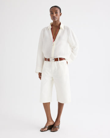TWP White Boxy Relaxed Shorts in Denim view 2