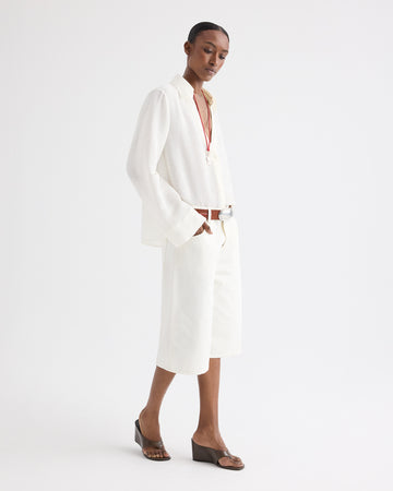 TWP White Boxy Relaxed Shorts in Denim view 3