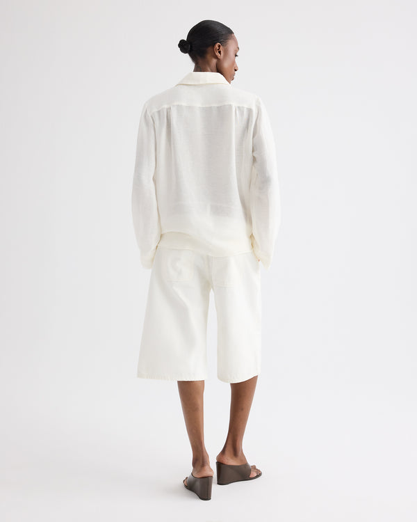 TWP White Boxy Relaxed Shorts in Denim view 4