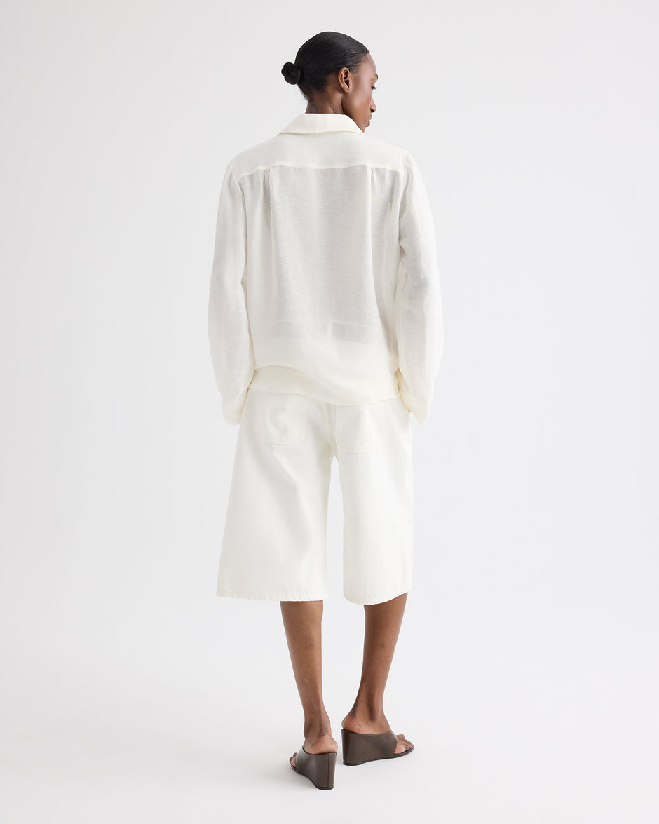 TWP White Boxy Relaxed Shorts in Denim view 4