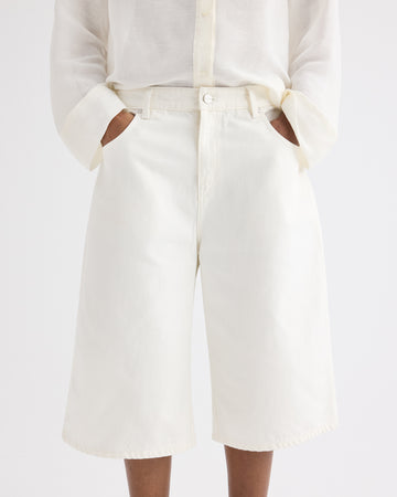 TWP White Boxy Relaxed Shorts in Denim view 5