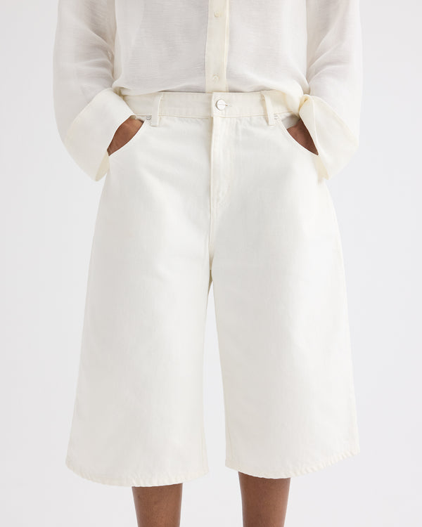 TWP White Boxy Relaxed Shorts in Denim view 5