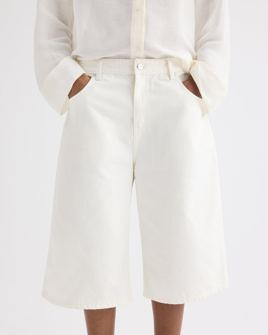 TWP White Boxy Relaxed Shorts in Denim view 5