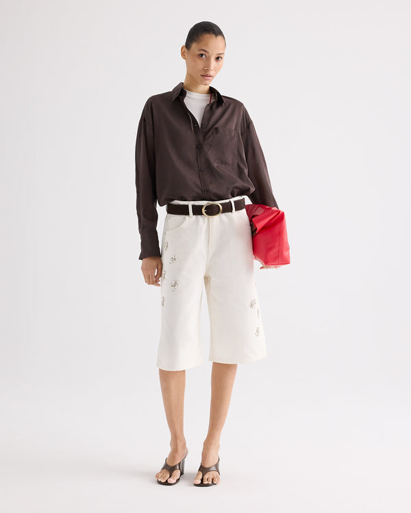 TWP White Boxy Relaxed Shorts With Crystal Clusters in Denim view 1