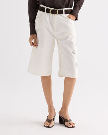 TWP White Boxy Relaxed Shorts With Crystal Clusters in Denim view 4