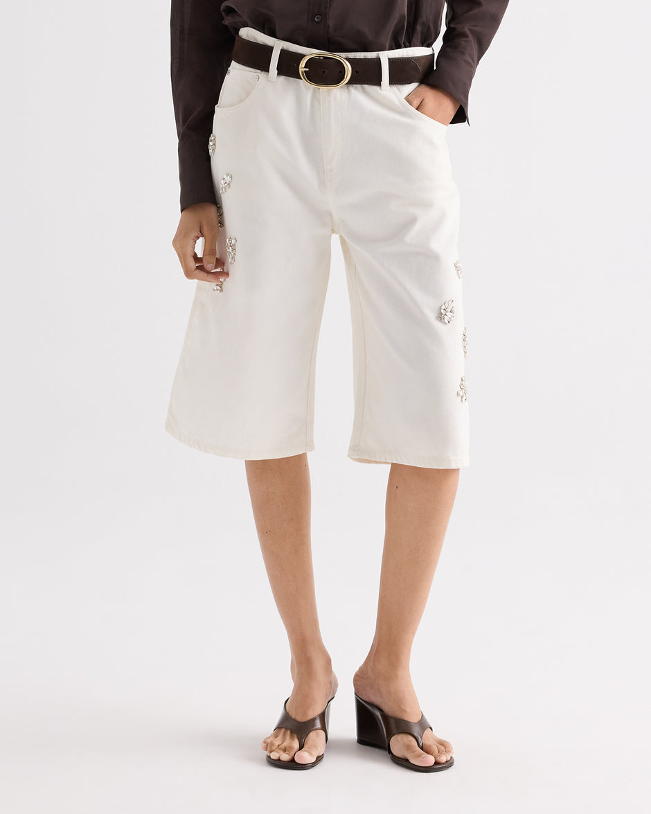 TWP White Boxy Relaxed Shorts With Crystal Clusters in Denim view 4