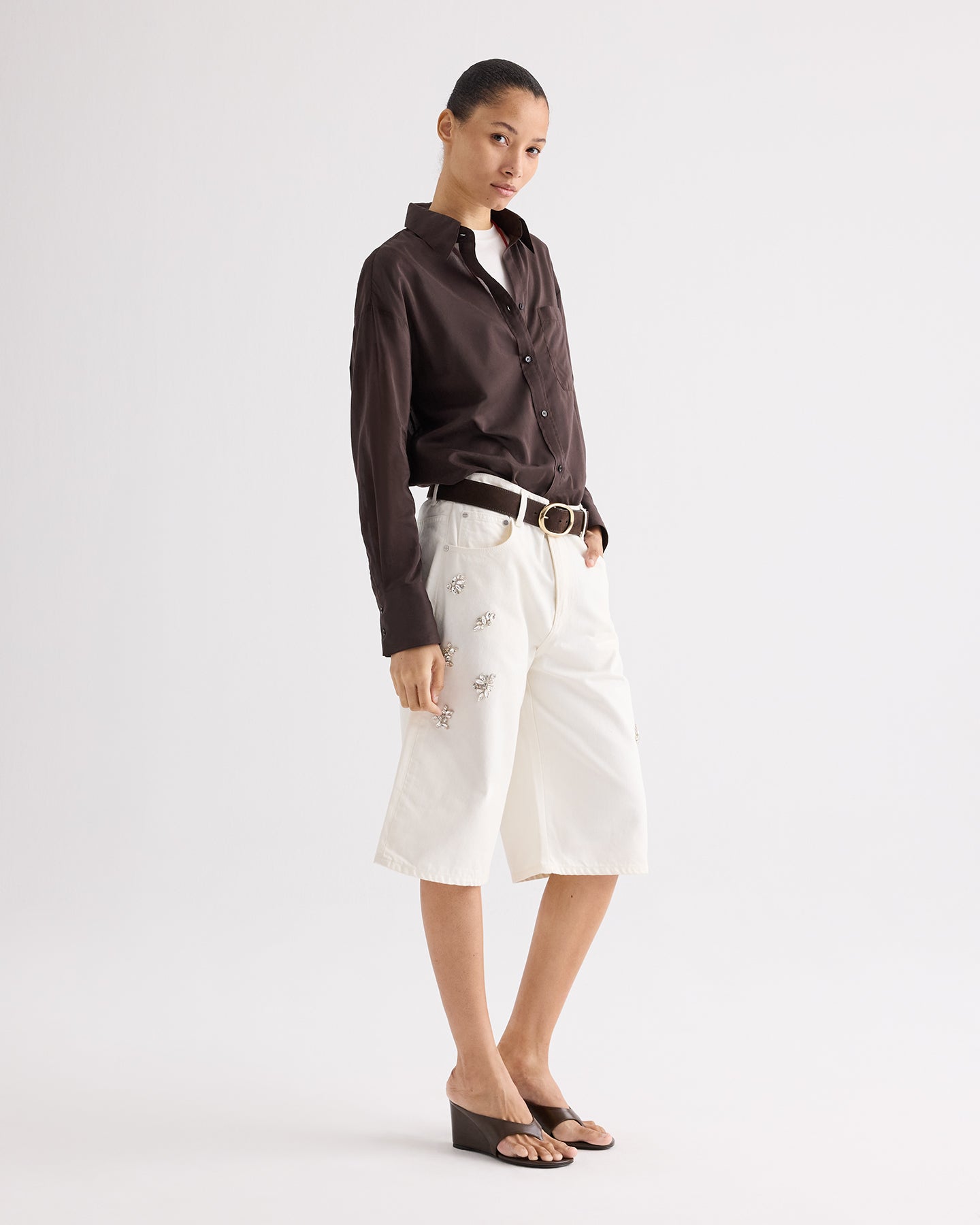 TWP White Boxy Relaxed Shorts With Crystal Clusters in Denim view 3