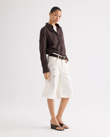TWP White Boxy Relaxed Shorts With Crystal Clusters in Denim view 3