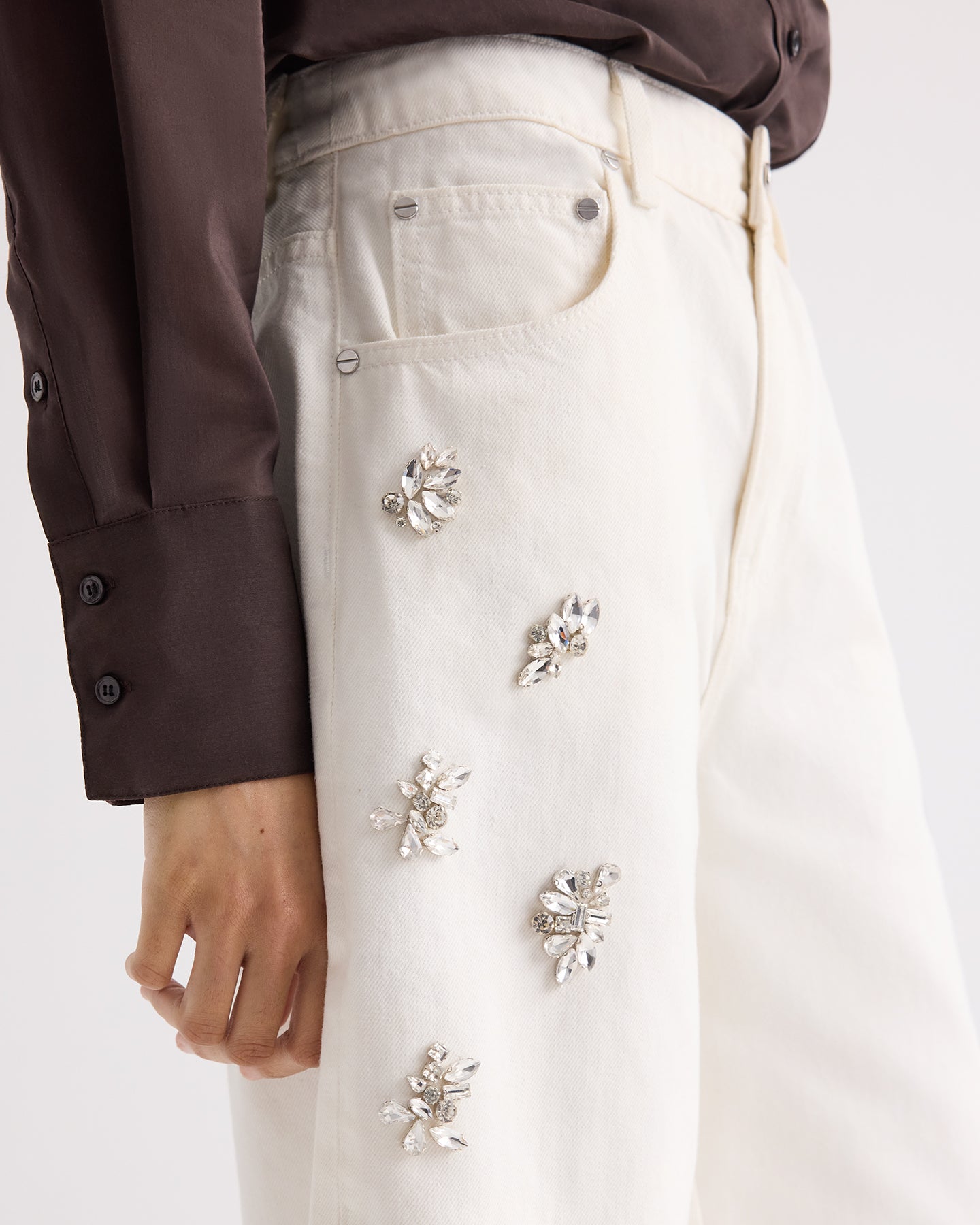 TWP White Boxy Relaxed Shorts With Crystal Clusters in Denim view 2