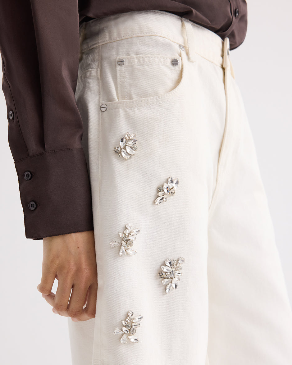 TWP White Boxy Relaxed Shorts With Crystal Clusters in Denim view 2