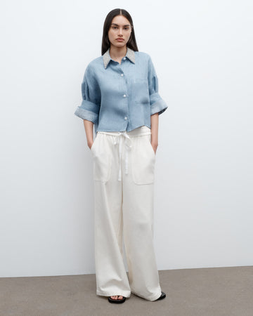 TWP Light indigo Next Ex Shirt with Crystal Collar in Lightweight Washed Hemp Denim view 4