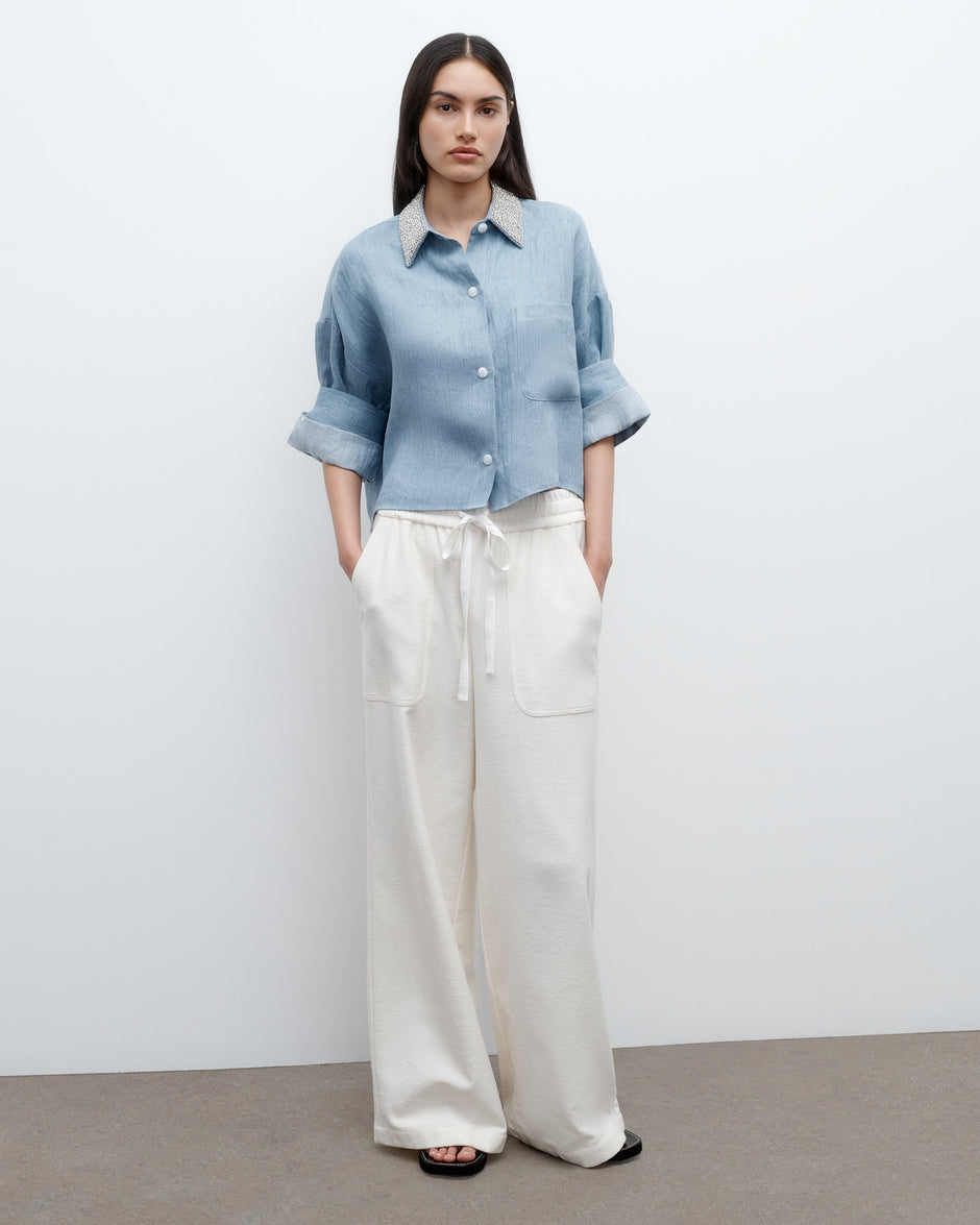 TWP Light indigo Next Ex Shirt with Crystal Collar in Lightweight Washed Hemp Denim view 4
