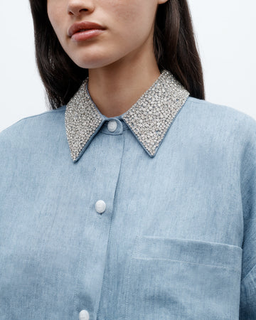 TWP Light indigo Next Ex Shirt with Crystal Collar in Lightweight Washed Hemp Denim view 2
