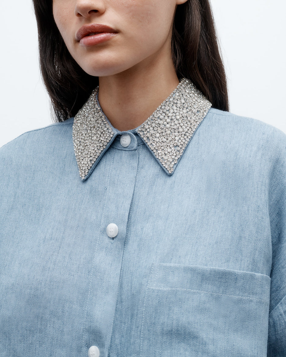 TWP Light indigo Next Ex Shirt with Crystal Collar in Lightweight Washed Hemp Denim view 2
