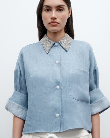 TWP Light indigo Next Ex Shirt with Crystal Collar in Lightweight Washed Hemp Denim view 1