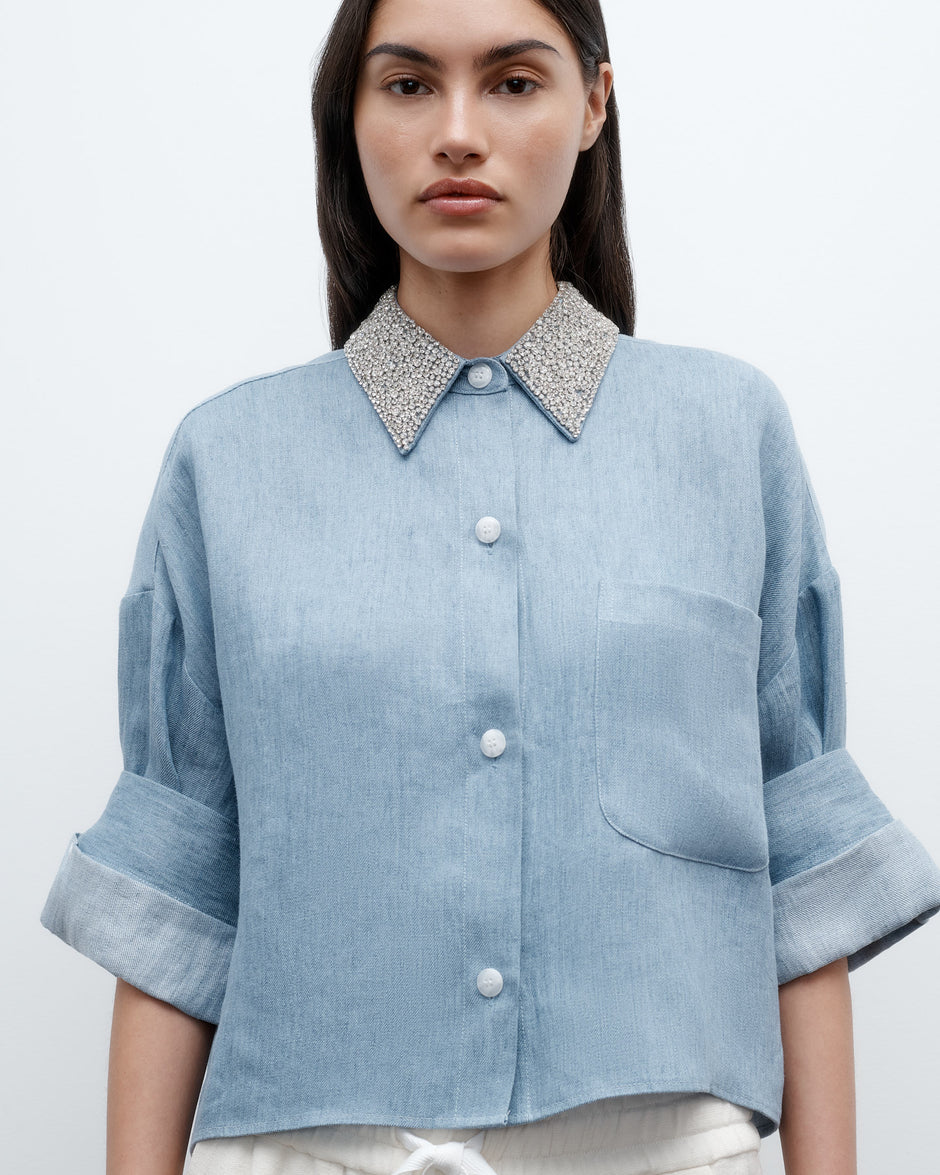 TWP Light indigo Next Ex Shirt with Crystal Collar in Lightweight Washed Hemp Denim view 1