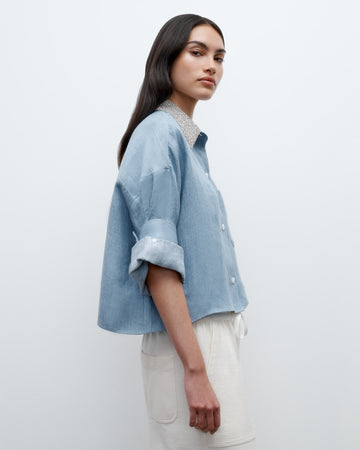 TWP Light indigo Next Ex Shirt with Crystal Collar in Lightweight Washed Hemp Denim view 3