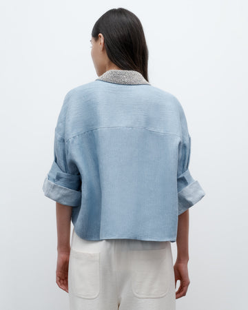 TWP Light indigo Next Ex Shirt with Crystal Collar in Lightweight Washed Hemp Denim view 5
