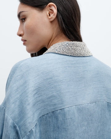 TWP Light indigo Next Ex Shirt with Crystal Collar in Lightweight Washed Hemp Denim view 6