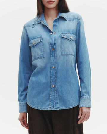 TWP Vintage wash Cowboy Take Me Away Shirt in Denim Shirting view 1
