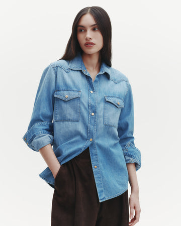 TWP Vintage wash Cowboy Take Me Away Shirt in Denim Shirting view 1