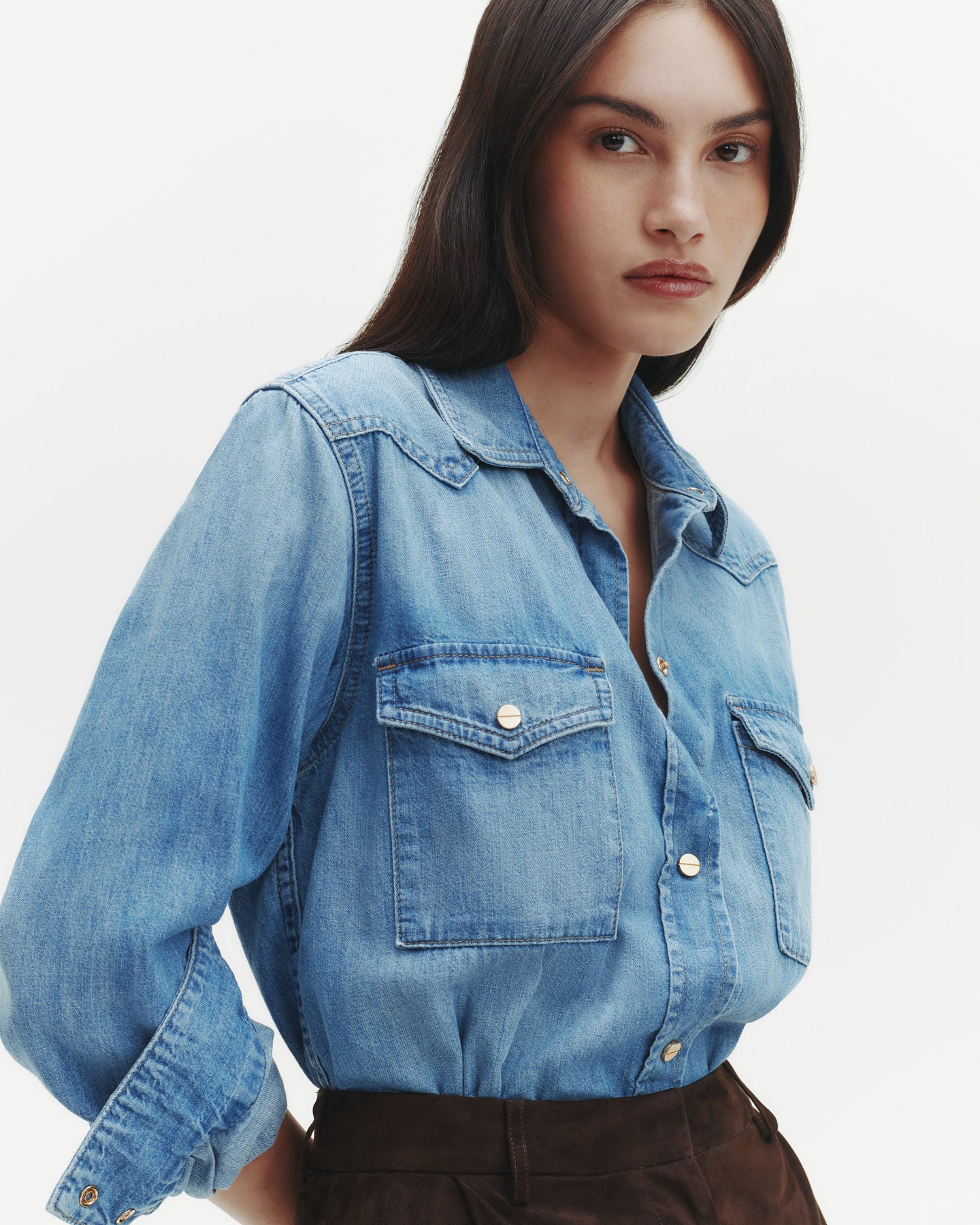 TWP Vintage wash Cowboy Take Me Away Shirt in Denim Shirting view 1