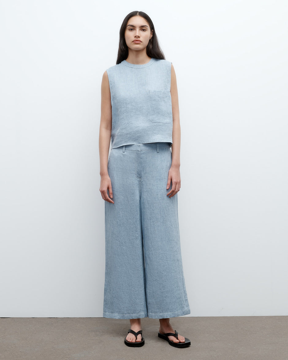 TWP Light indigo Cropped Howard in Lightweight Washed Hemp Denim view 1