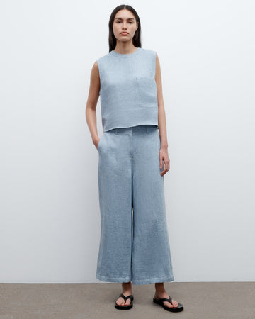 TWP Light indigo Cropped Muscle Tank in Lightweight Washed Hemp Denim view 4