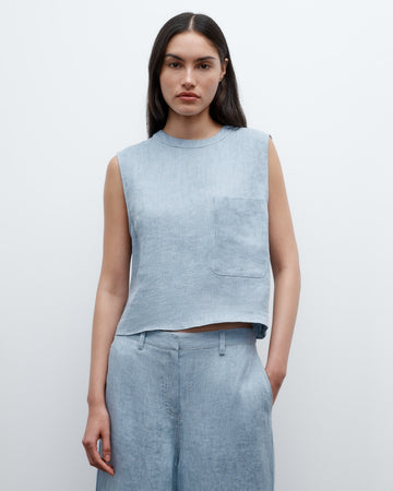 TWP Light indigo Cropped Muscle Tank in Lightweight Washed Hemp Denim view 1
