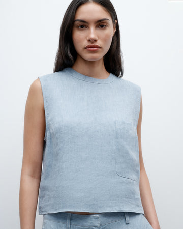 TWP Light indigo Cropped Muscle Tank in Lightweight Washed Hemp Denim view 3