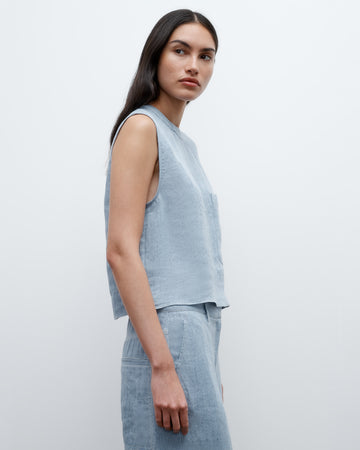 TWP Light indigo Cropped Muscle Tank in Lightweight Washed Hemp Denim view 2