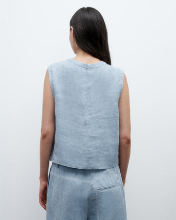 TWP Light indigo Cropped Muscle Tank in Lightweight Washed Hemp Denim view 5