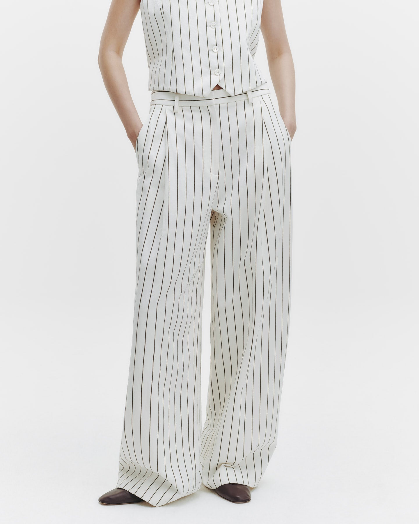 TWP Ivory / chocolate Greenwich Avenue Pant in Linen Stripe view 1