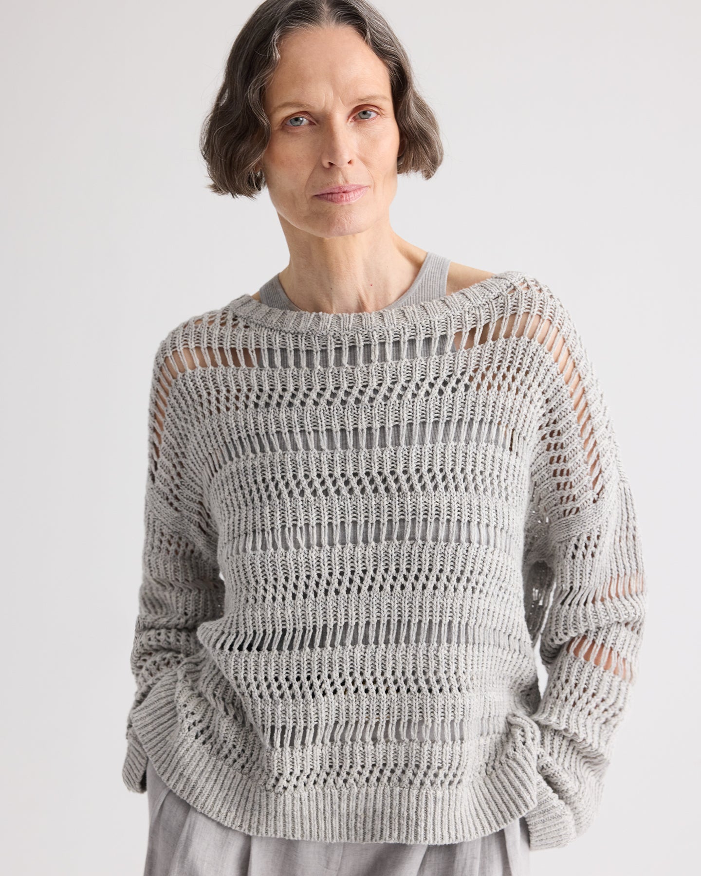 TWP Light grey Wide Neck Long Sleeve Sweater in Linen Silk view 2