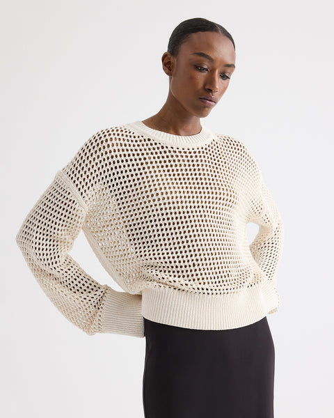 Ivory L/S Open Stitch Pullover Sweater in Kashy Silk Blend Rope | TWP