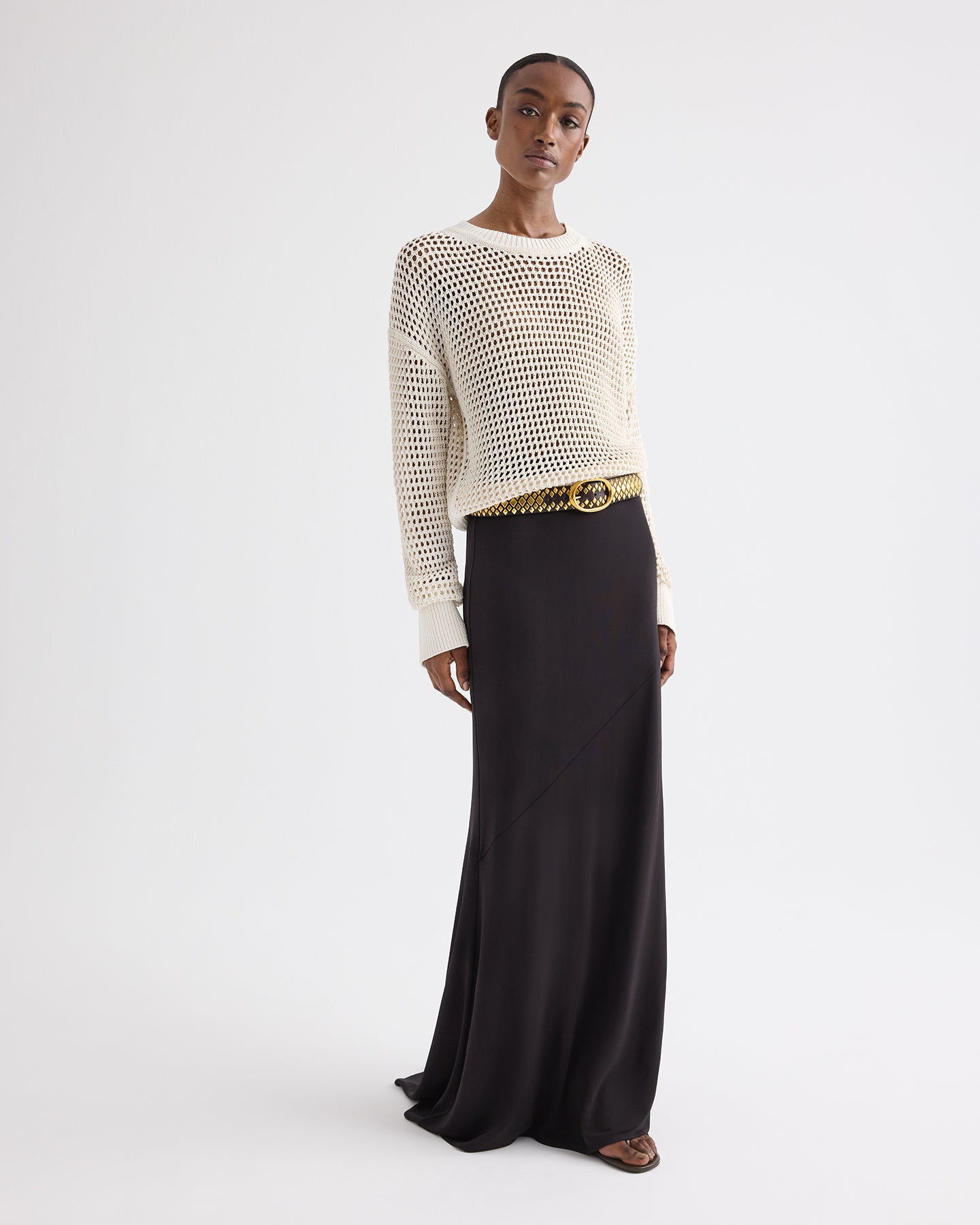 TWP Ivory L/S Open Stitch Pullover Sweater in Kashy Silk Blend Rope view 3