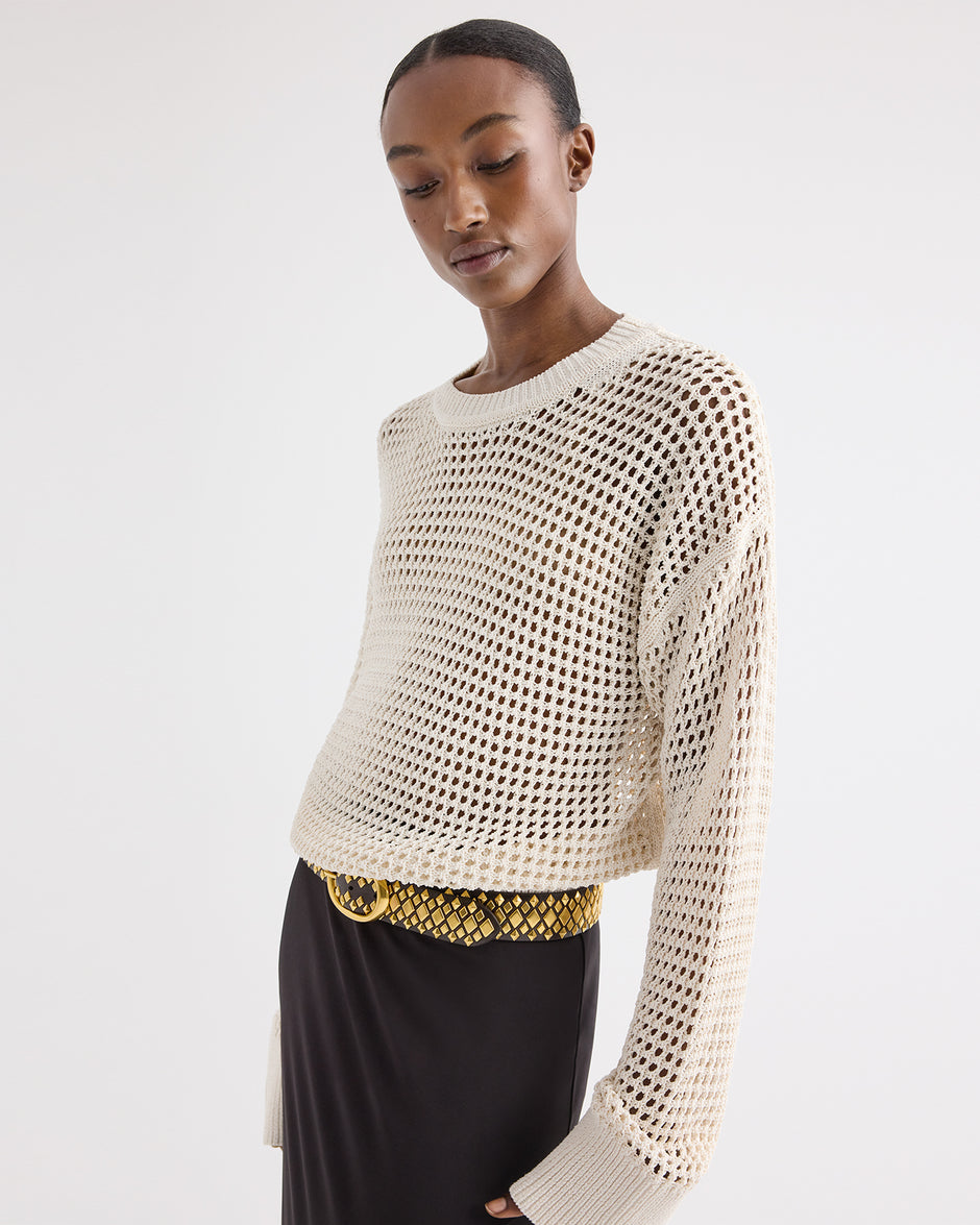 TWP Ivory L Open Stitch Pullover Sweater in Kashy Silk Blend Rope view 2
