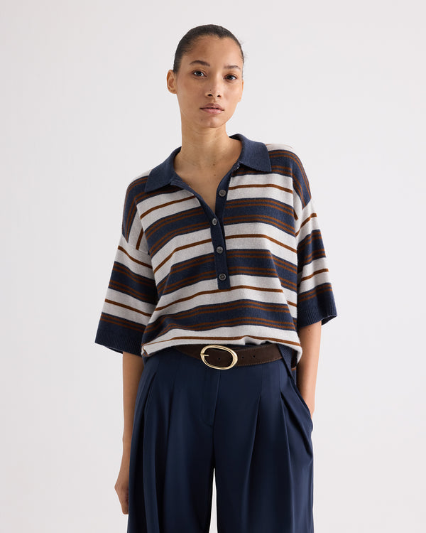 TWP Pumice / night sky / nut brittle SS Polo Sweater with Stripes in Italian Cashmere view 2