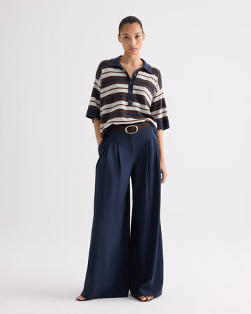 TWP Pumice / night sky / nut brittle SS Polo Sweater with Stripes in Italian Cashmere view 3