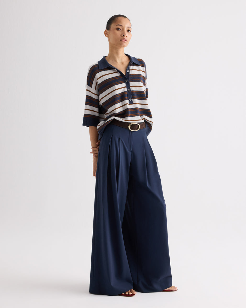 TWP Pumice / night sky / nut brittle SS Polo Sweater with Stripes in Italian Cashmere view 4