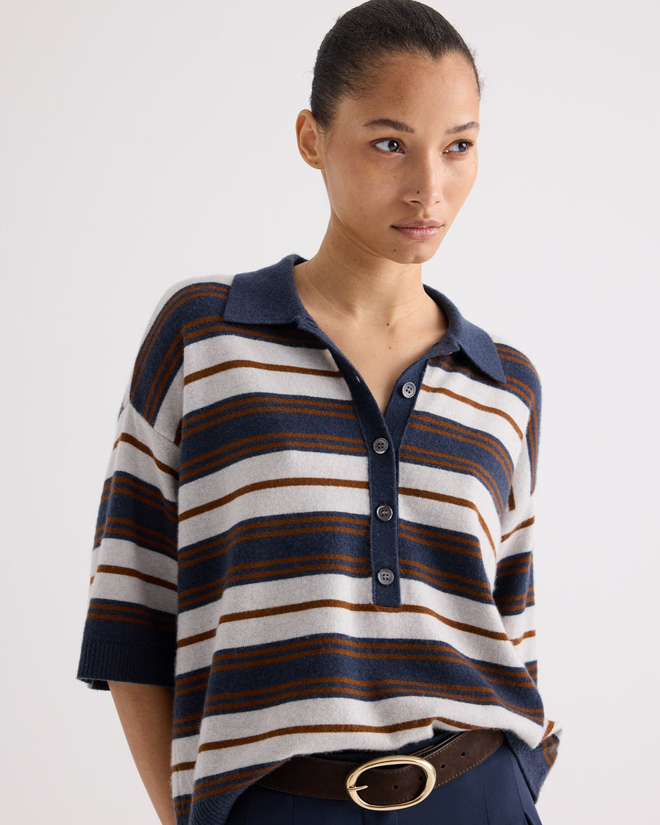 TWP Pumice / night sky / nut brittle SS Polo Sweater with Stripes in Italian Cashmere view 1