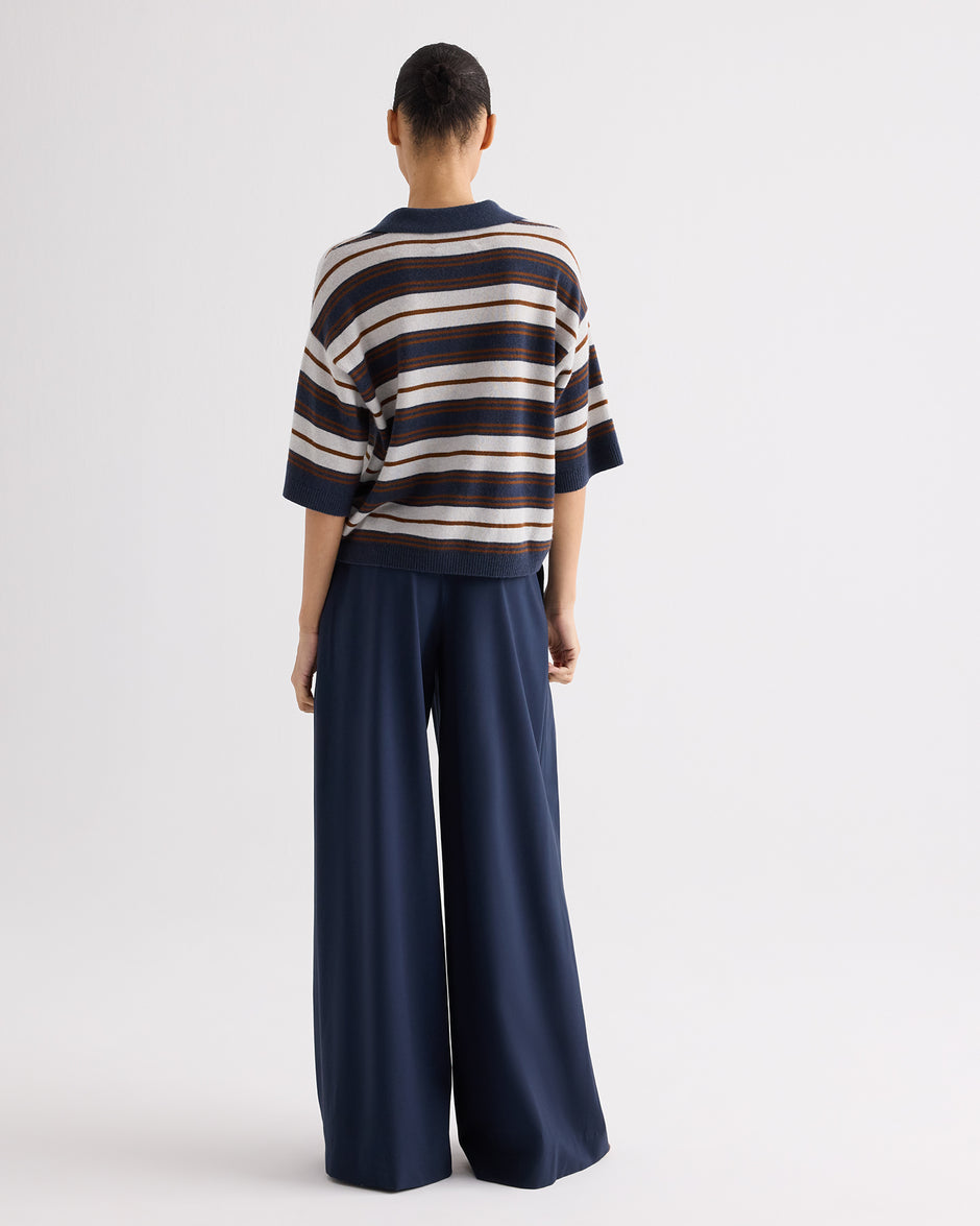 TWP Pumice / night sky / nut brittle SS Polo Sweater with Stripes in Italian Cashmere view 5