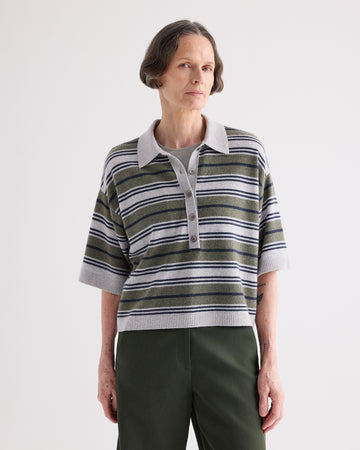 TWP Moss / night sky / light heather grey SS Polo Sweater with Stripes in Italian Cashmere view 2