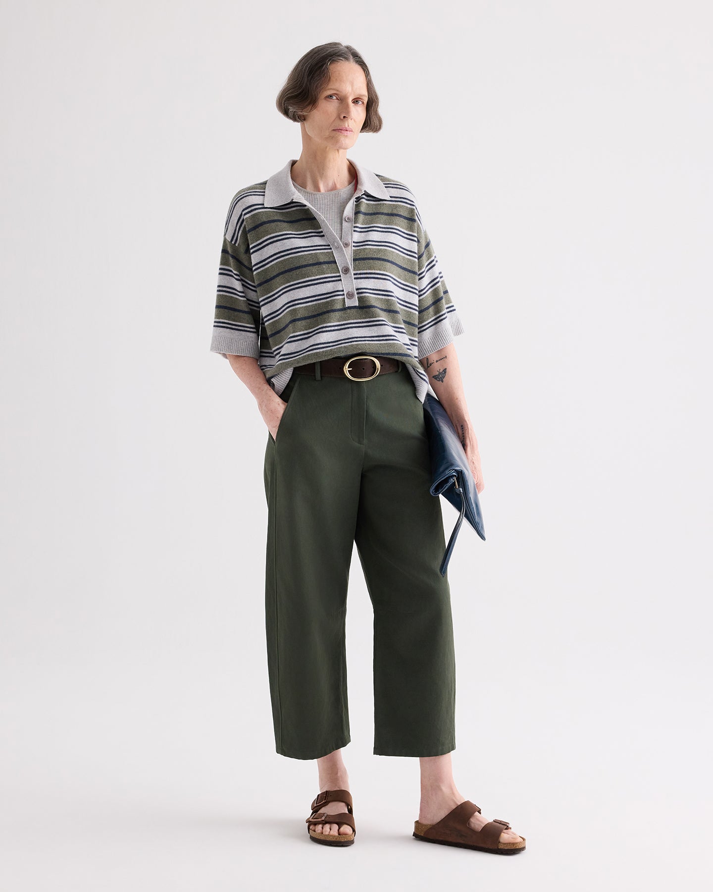 TWP Moss / night sky / light heather grey SS Polo Sweater with Stripes in Italian Cashmere view 1