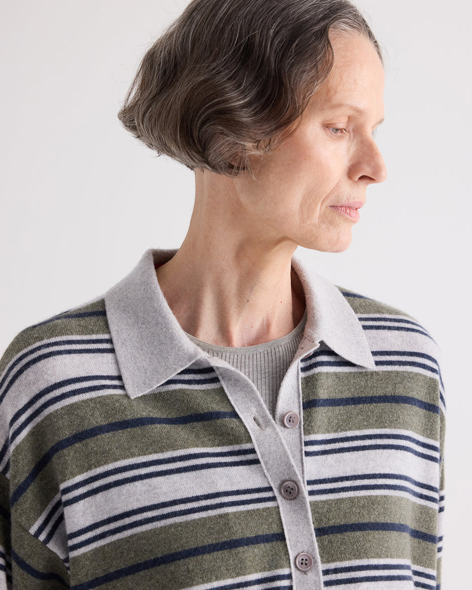 TWP Moss / night sky / light heather grey SS Polo Sweater with Stripes in Italian Cashmere view 5